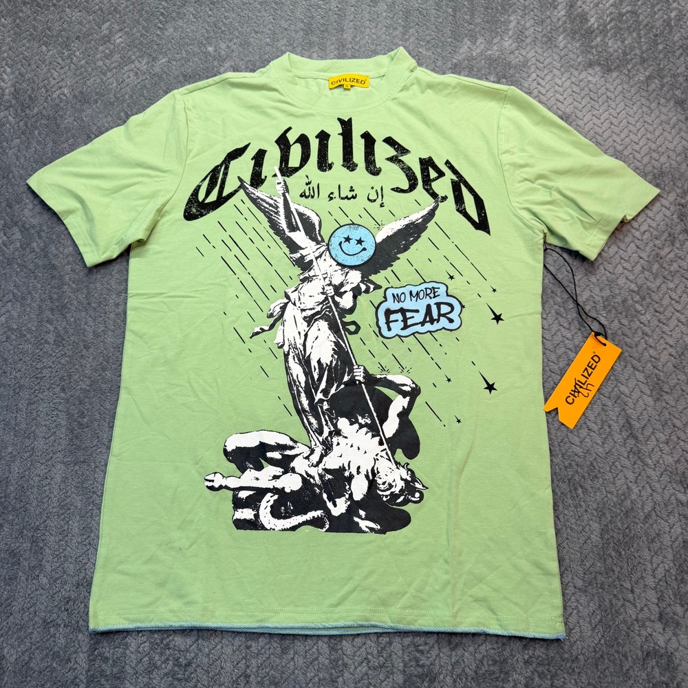 NWT Civilized T-Shirt Mens Med No More Fear Angel Graphic Leek Green CV5728